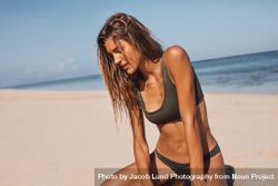 Beautiful  female model in bikini sitting on the beach bGRWja