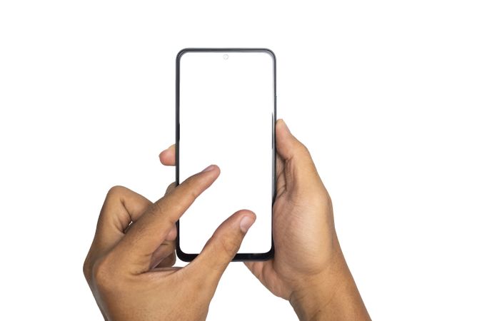 male hand holding and zooming or pinching smartphone with blank screen smartphone