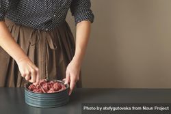 Woman mixing ground beef with spoon in bowl 5zlyQb