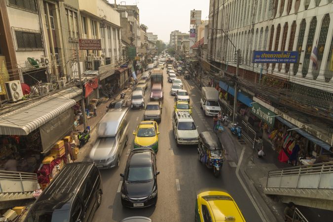 Bangkok, Thailand - January 22, 2020: Vehicle traffic and traffic jam on Chakkraphet street