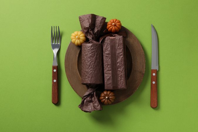 Concept of Thanksgiving day, Autumn table setting, top view