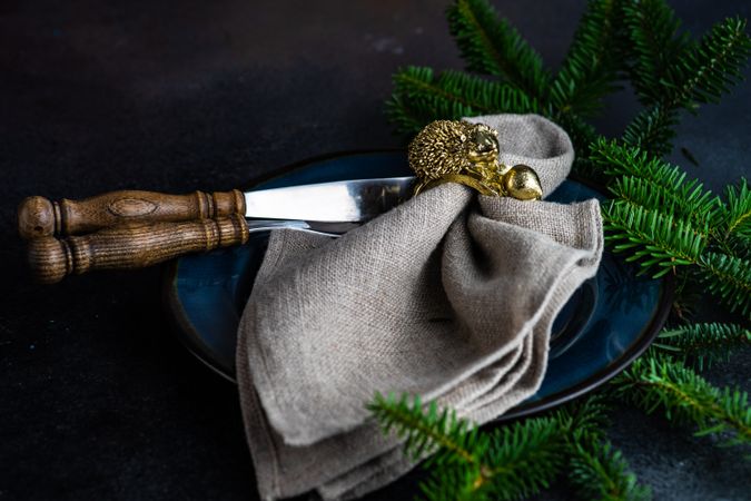 Blue plate with golden napkin ring surrounded by pine branch