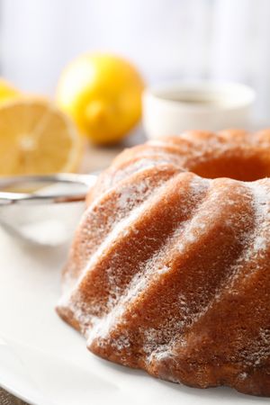 Cake with powder sugar on grey table, close up