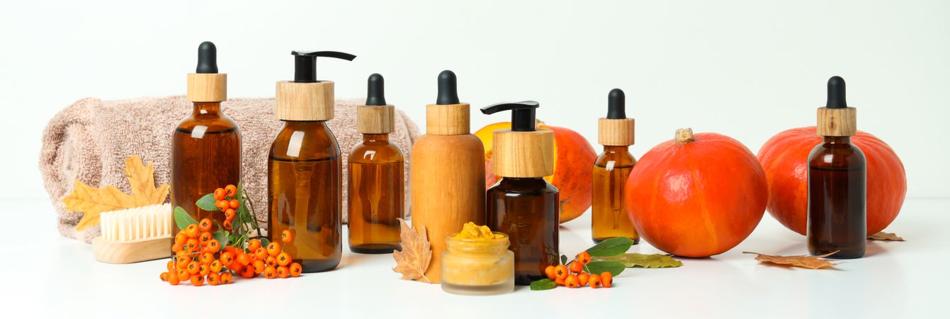 Concept of different cosmetic products, Pumpkin cosmetics, space for text