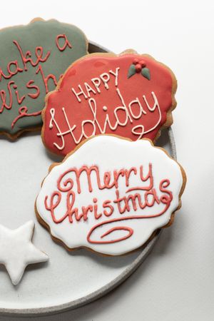Holiday wishes written on gingerbread cookie
