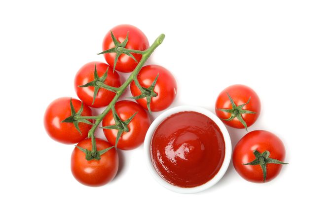 Branch of tomatoes and bowl with sauce isolated on plain background