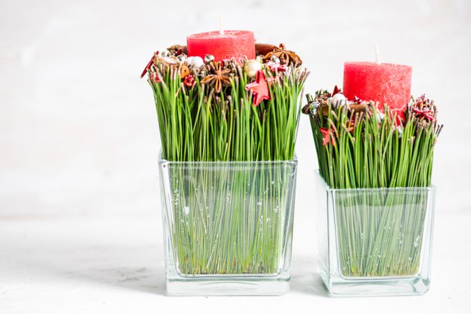 Side view of red Christmas candles and spice decor in vase