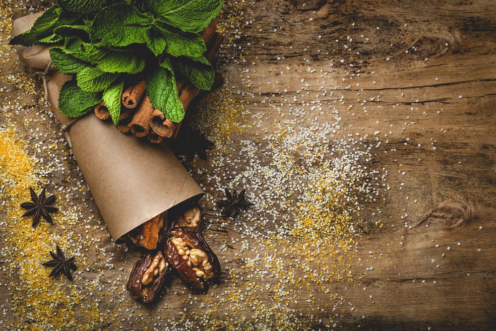 Dates fruits with walnuts, mint and cinnamon for Ramadan