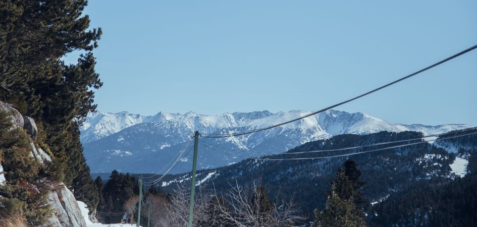 Picturesque view of mountains with forest in snow