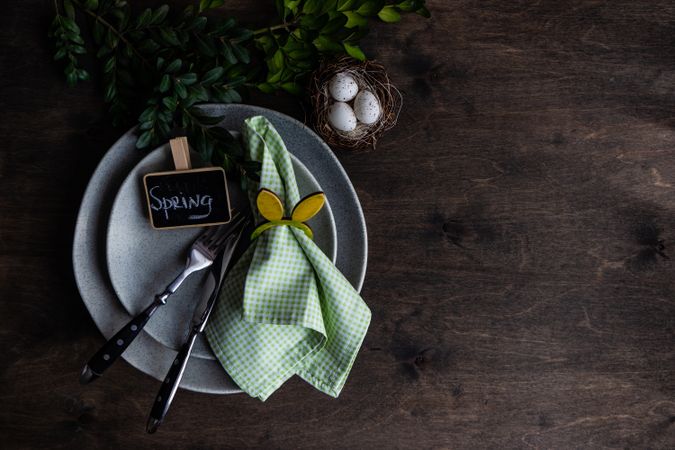 Top view of spring table setting with nest, eggs and rabbit napkin ring