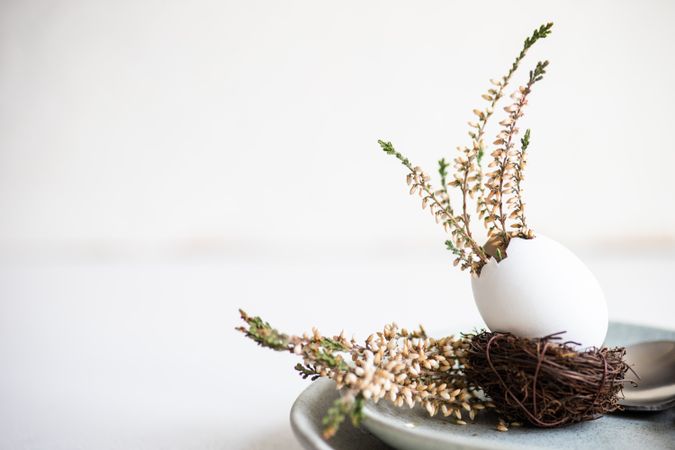 Side view of decorative egg in delicate nest on ceramic plate