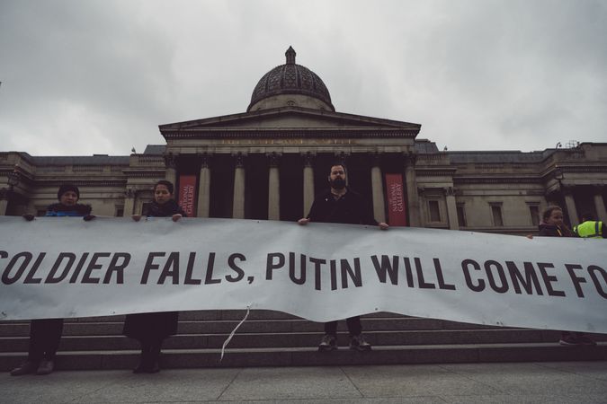 London, England, United Kingdom - March 5 2022: People holding anti-war banner