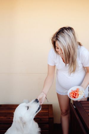 Pregnant smiling woman feeding dog watermelon