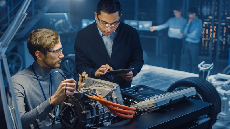 Two Professional Automotive Engineers with a Tablet Computer and Inspection Tools are Having a Conversation While Testing an Electric Engine in a High Tech Laboratory with a Concept Car Chassis.
