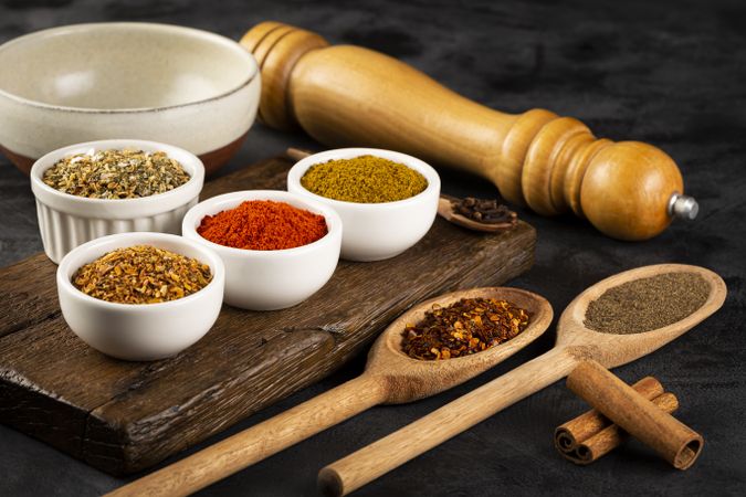 Variety of spices and seasonings on the table.