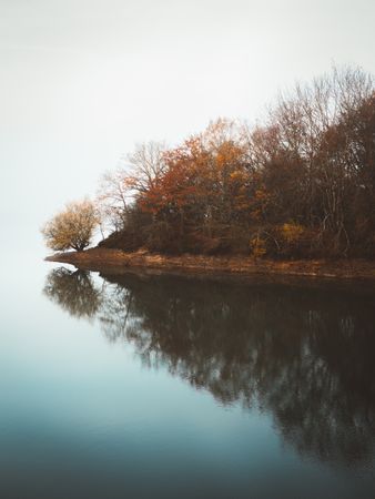 Tranquil water of lake in mist