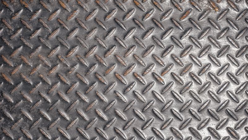 Rusty steel floor with raised diamond tread pattern and rough texture