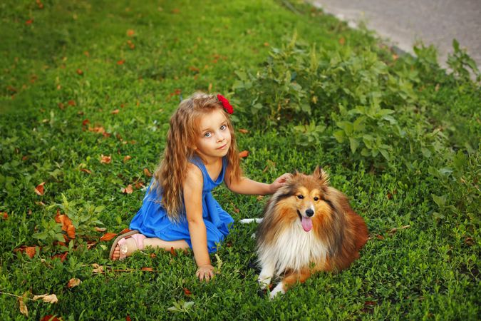 Child in blue dress petting dog in the grass