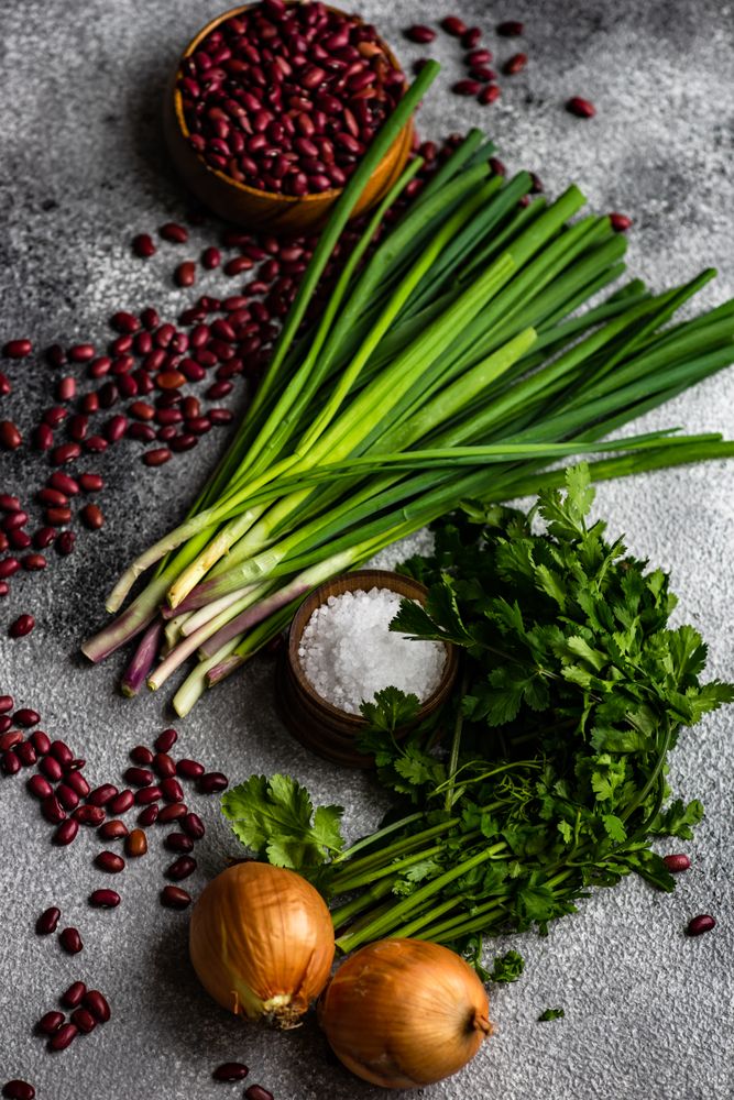 Fresh ingredients on counter for vegetarian chili 
