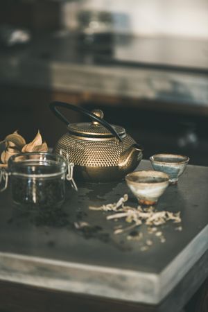 Traditional Japanese tea set, on kitchen counter