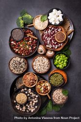 Bowls of healthy grains and vegetables, top view, vertical 5n99A0