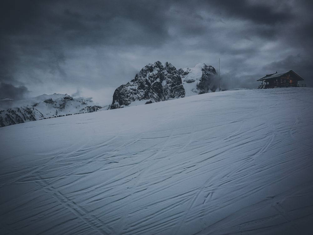 A lone mountain cabin at the top of a ski slope, Videmanette Switzerland