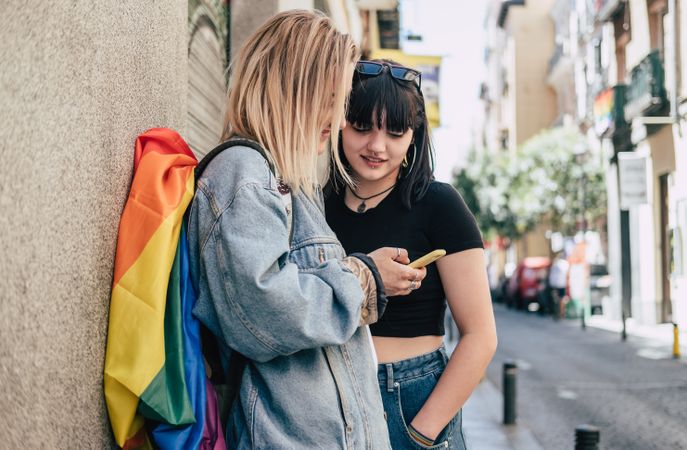 Lesbian couple on the mobile phone on street