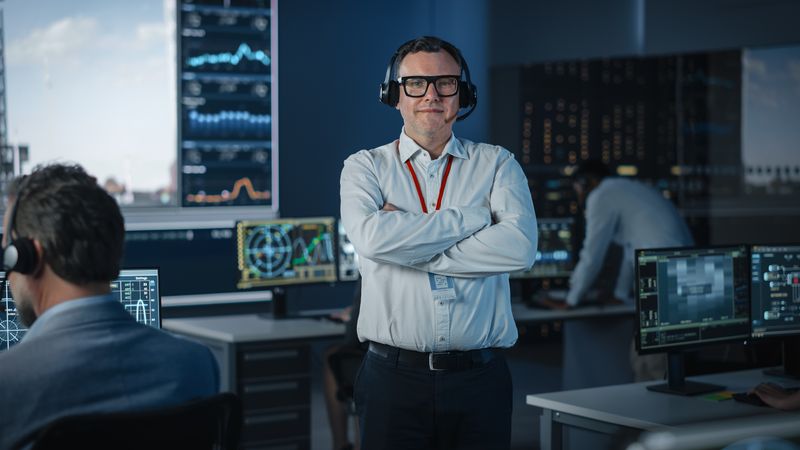 Confident It Professional With Headset and Glasses Stands in Control Room. Colleagues Work on Computers Displaying Data Charts.