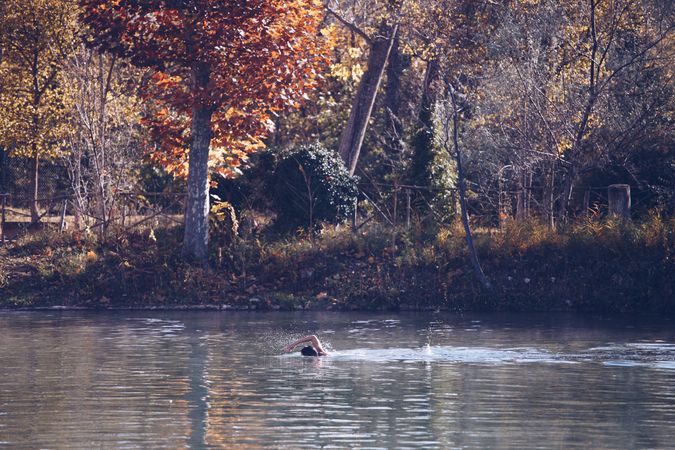 Woman swimming in lake