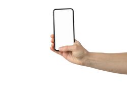 Female hand holding phone with empty screen, isolated on plain background