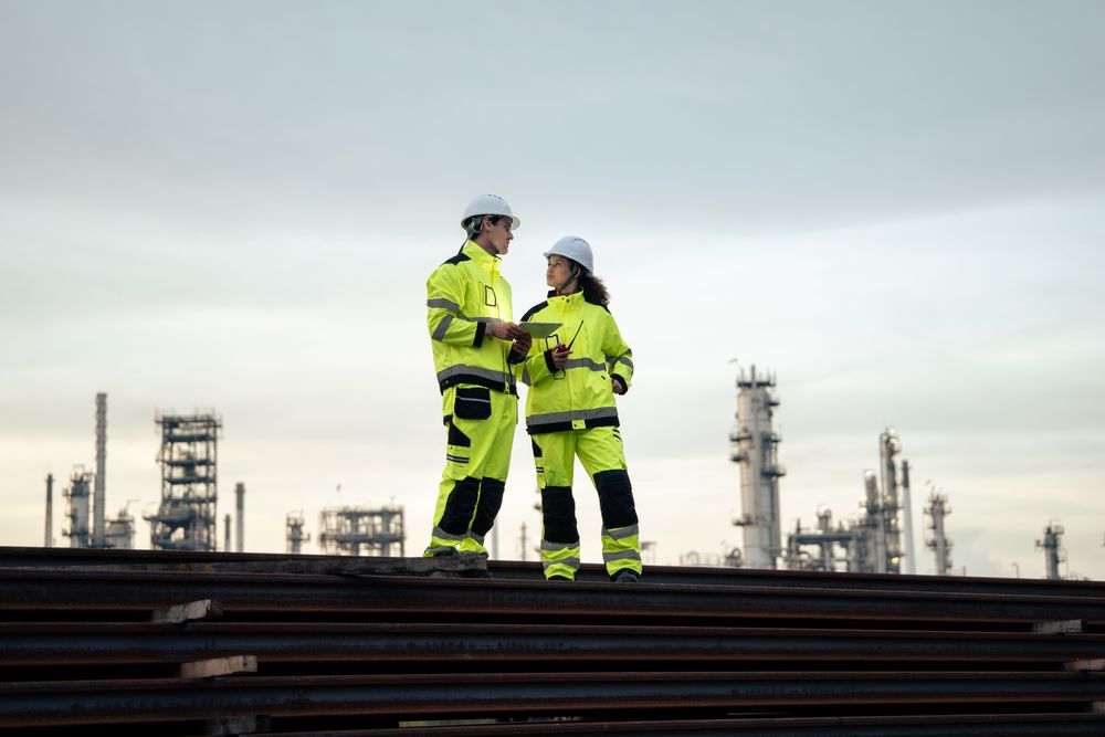 Engineer worker watching work monitor on digital tablet at refinery factory at night
