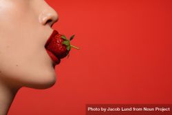 Woman with red lipstick eating a fresh strawberry 439o10