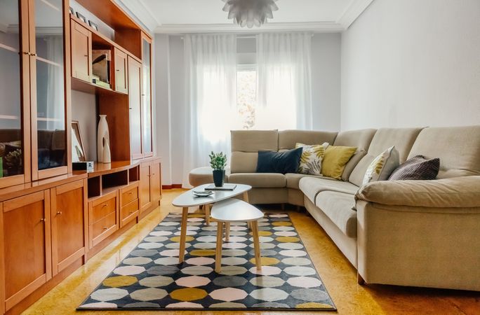 Interior of a living room with corner sofa
