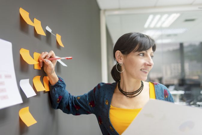 Businesswoman writing on sticky notes