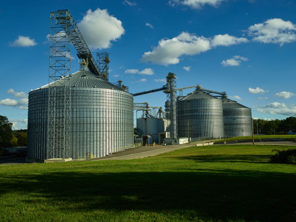 Massive steel grain silos in Mansfield, Ohio