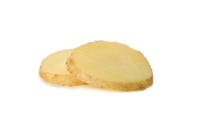 Side view of two potato slices
