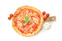 Tasty pizza and ingredients isolated on neutral background
