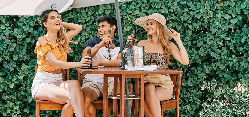 a group of young people cheers with beer in a summer day