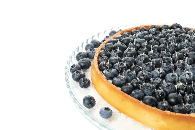 Tray with blueberry pie isolated on light background