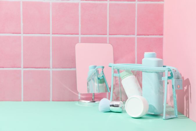 Bath accessories, toilet bag, space for text