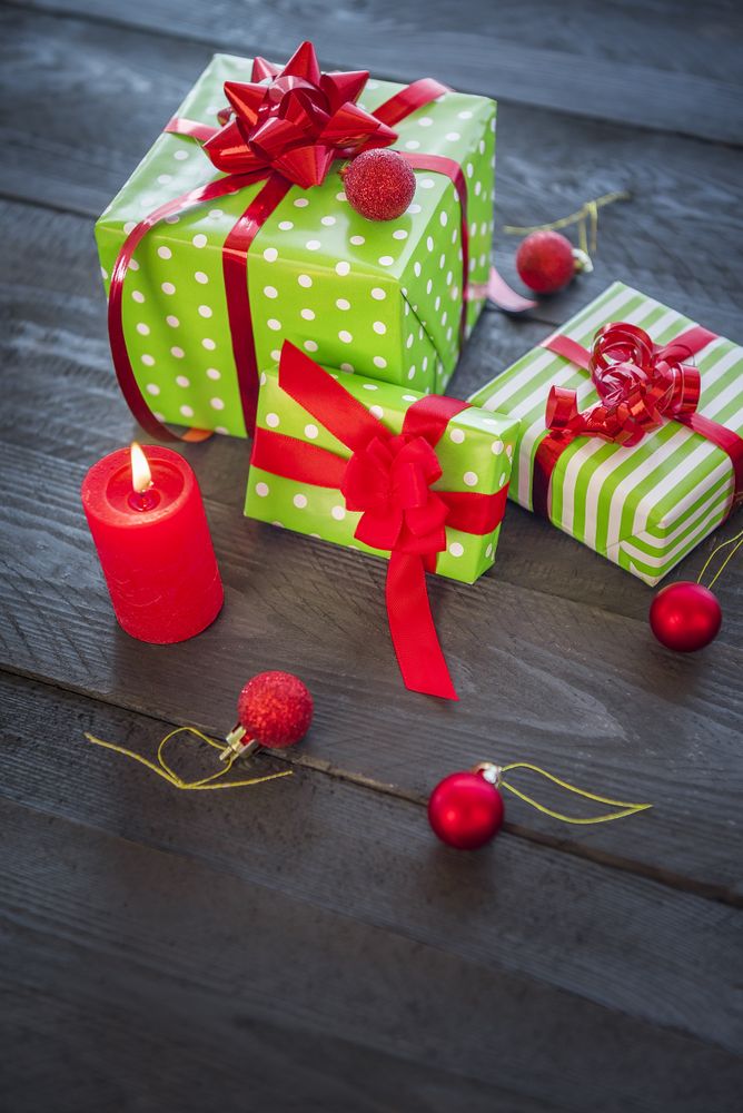 Three Christmas gifts and ornaments