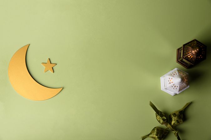 Islamic Lanterns, Gold Crescent, and Star on a Green Background