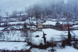Amazing winter valley near hills