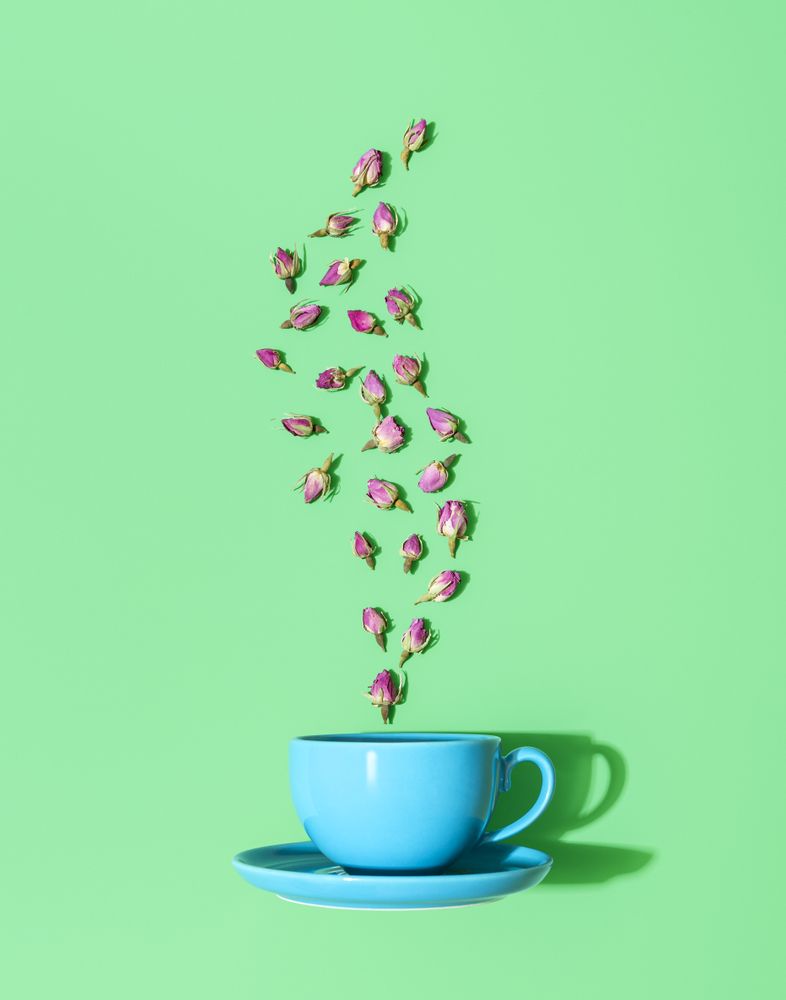 Pink rose flowers and an empty blue cup, making tea concept