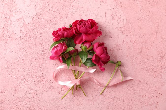 Bouquet of beautiful peonies and pink ribbon on color background, space for text