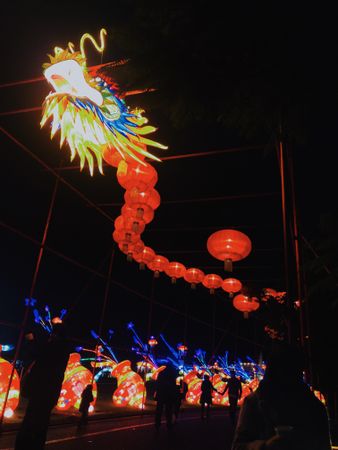 Low angle view of dragon lantern decoration for Chinese New Year at night