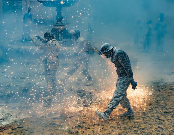 Ibi, Spain - December, 28 2018: People celebrating victory in flour and eggs battle