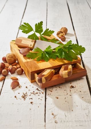 Parsley with knife on cutting board set