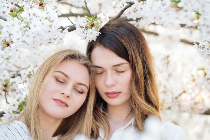 Portrait of women friends near blooming trees