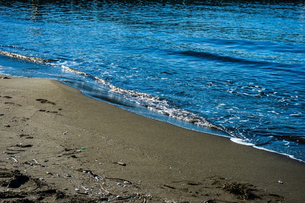 Dark volcanic sand beach and sea